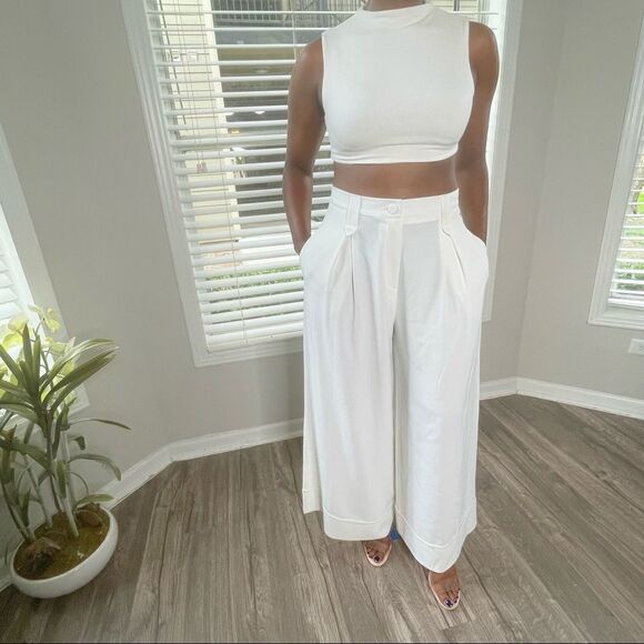 Revolve Babylon Collection Wide Leg Cuffed Trouser Pants in White Cream - Picture 9 of 11